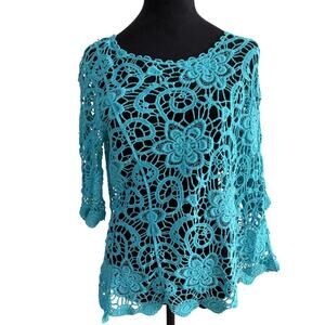 Jennie & Marlis Petite Mermaidcore Turquoise Floral Crochet Beach Tunic in Aqua